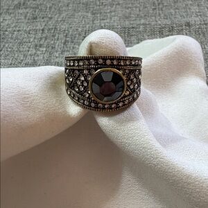HEIDI DAUS Gold Ring with Smoky Quartz &clear crystal accents Approximate size 9
